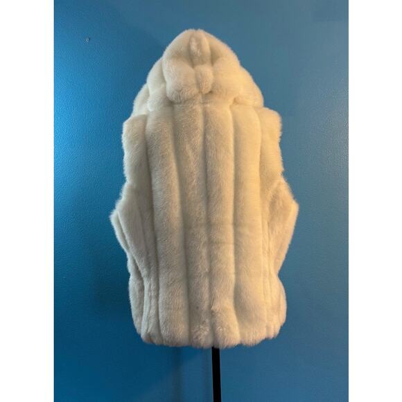 Nine West Ivory Faux Fur Vest Hood Pockets Zipper Close Pom Pom Drawstring XL L - Picture 3 of 8